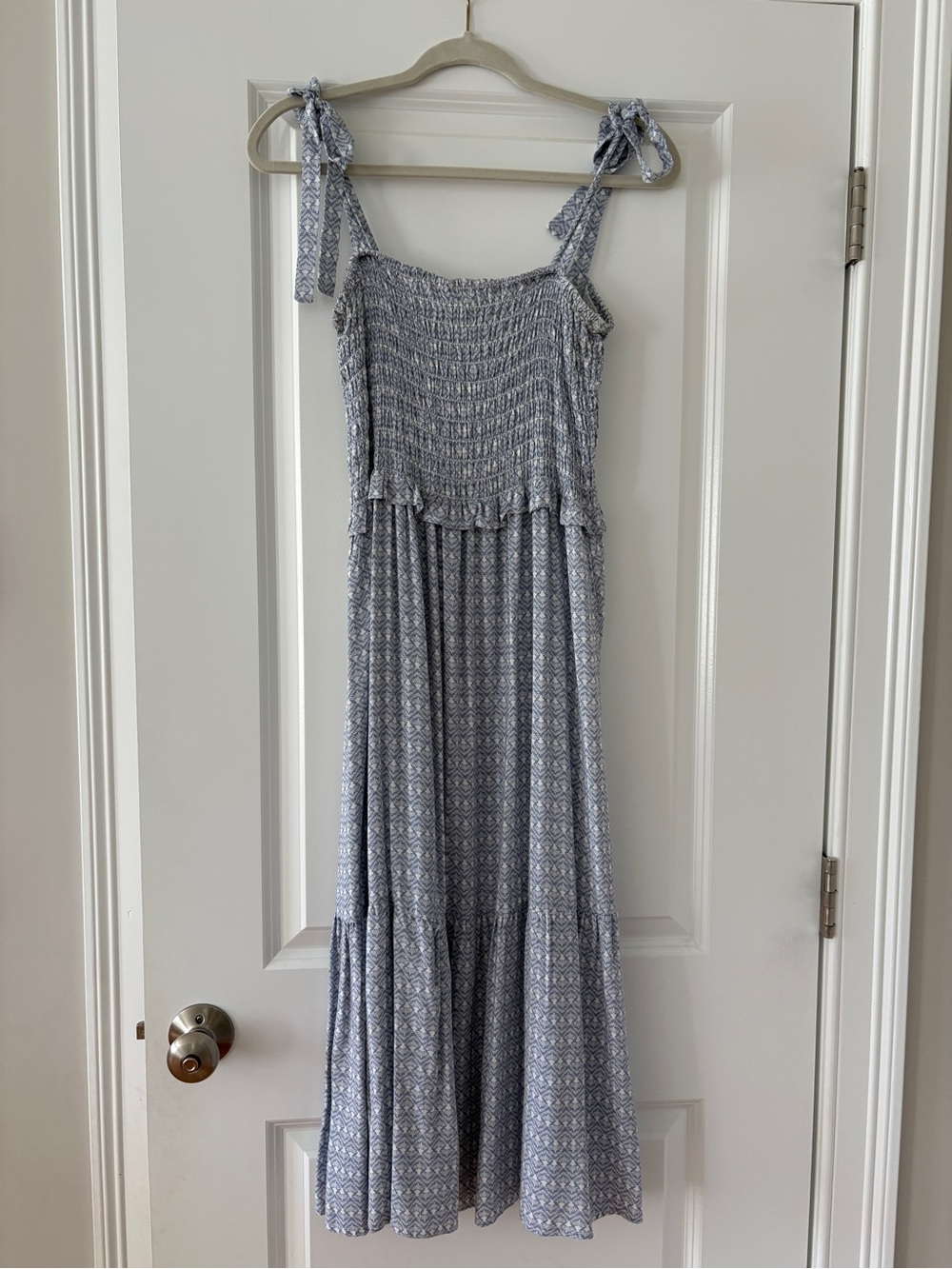 Good Luck Gem Blue Patterned Smocked Tie-Shoulder Maxi Dress